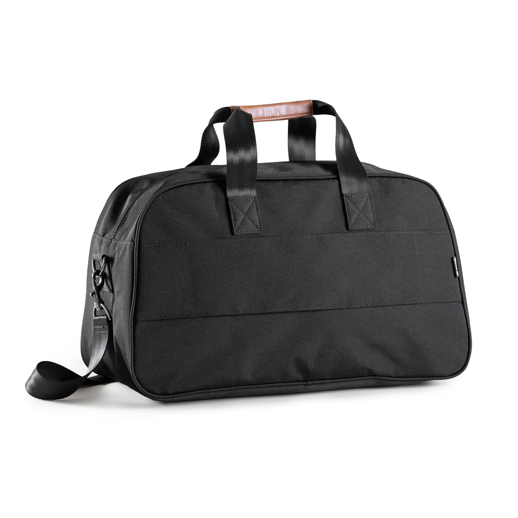 PKG Westmount 26L Recycled Duffle Bag (black) front view showing trolley strap