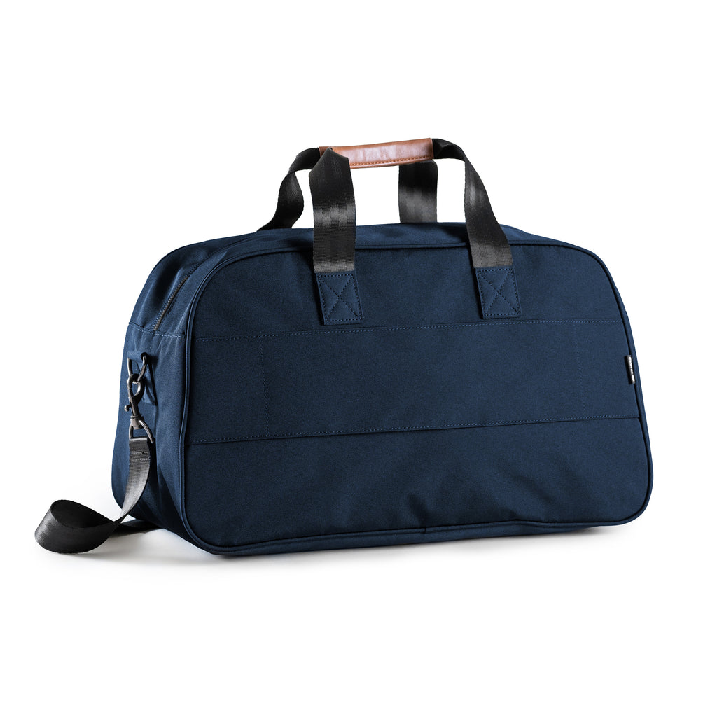PKG Westmount 26L Recycled Duffle Bag (navy) front view showing trolley strap
