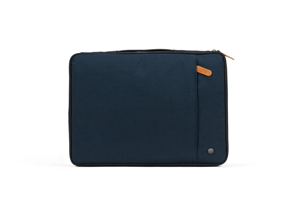 PKG Stuff Recycled Laptop Sleeve (navy) back view showing outer pocket for additional storage