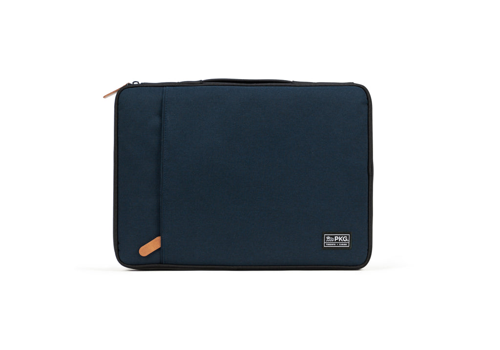 PKG Stuff Recycled Laptop Sleeve (navy)  front view showing outer pocket for additional storage