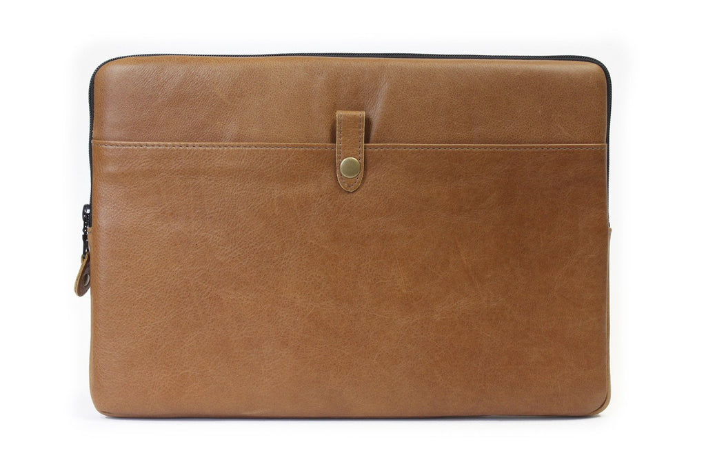 PKG Skinny Leather Sleeve 15" (tan) back view showing additional pocket for valuables