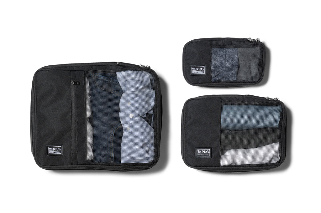 PKG Union Recycled Packing Cubes (3-pack) (black) all three cubes with clothes packed inside