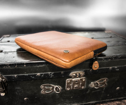 PKG Skinny Leather Sleeve 15" resting on luggage