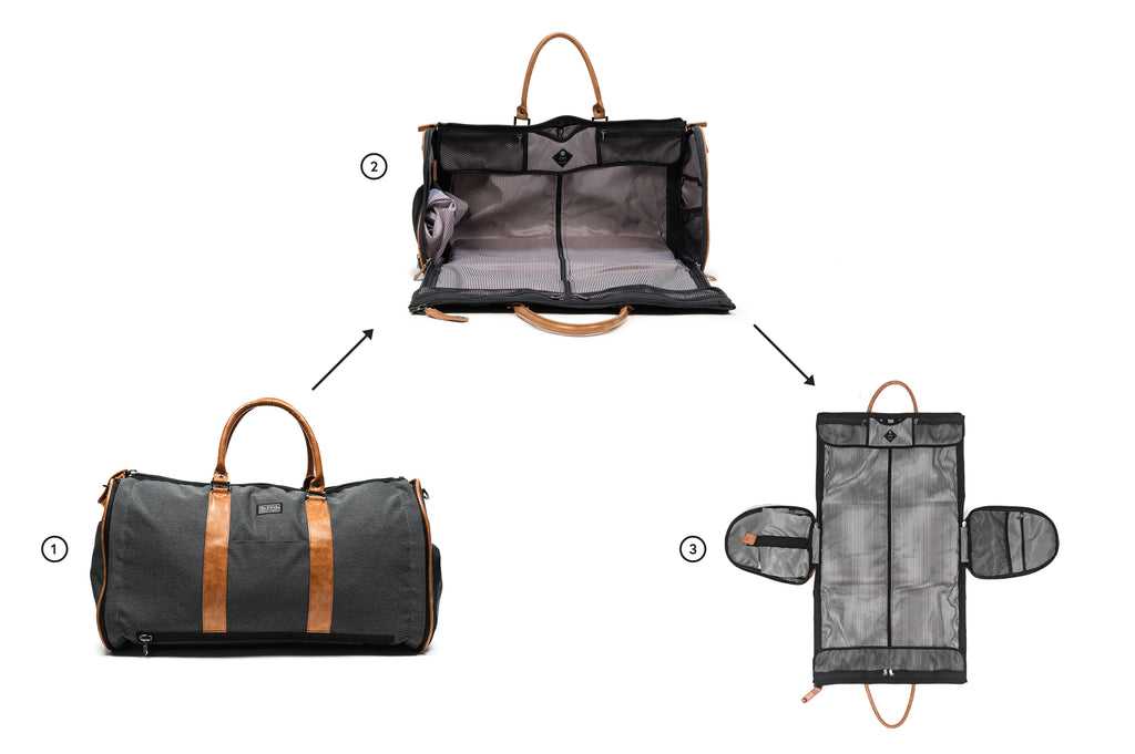 PKG Bishop 42L Recycled Duffle Bag (dark grey) showing steps in transforming duffel into garment holder