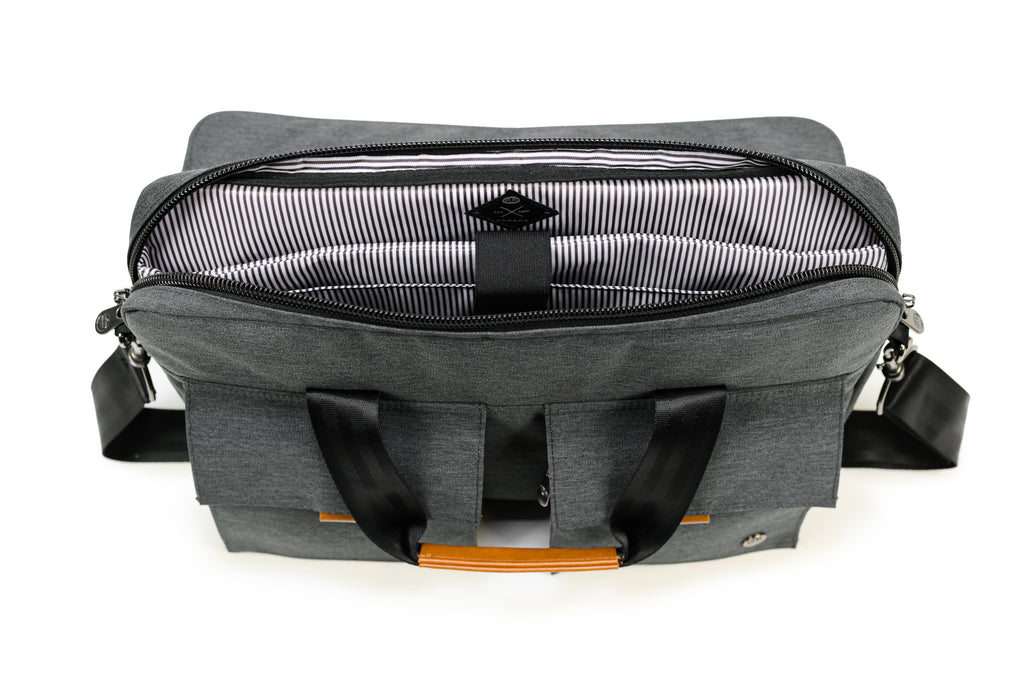 PKG Richmond 10L Messenger (dark grey) top open view, showing dedicated laptop compartment and file storage