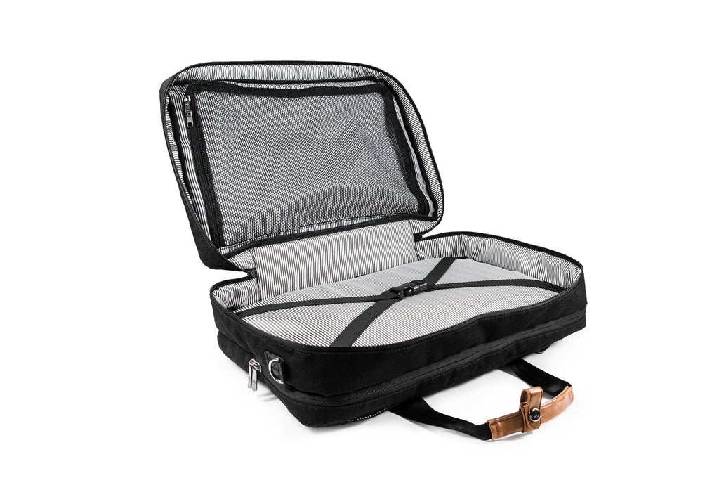 PKG Trenton 31L Messenger Bag (black) open, showing clothing compartment