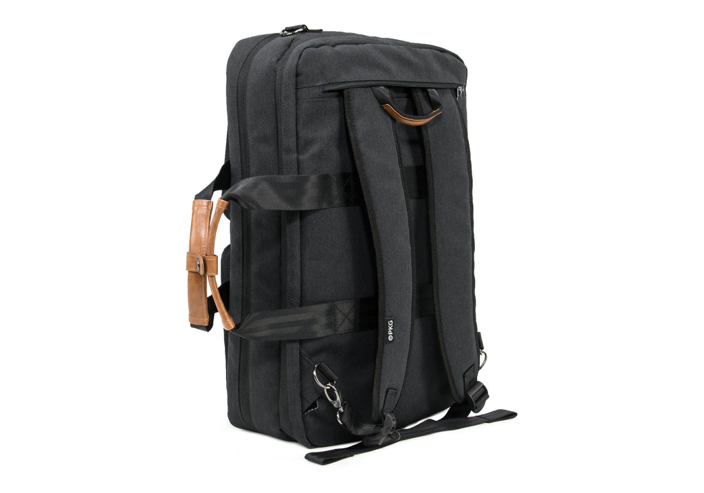 PKG Trenton 31L Messenger Bag (dark grey) back view showing backpack style shoulder straps connected 